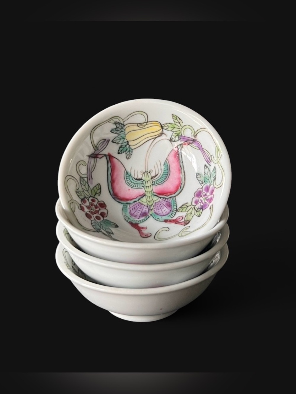 (4) Vintage Famille Rose porcelain hand-painted butterfly small soy sauce bowls